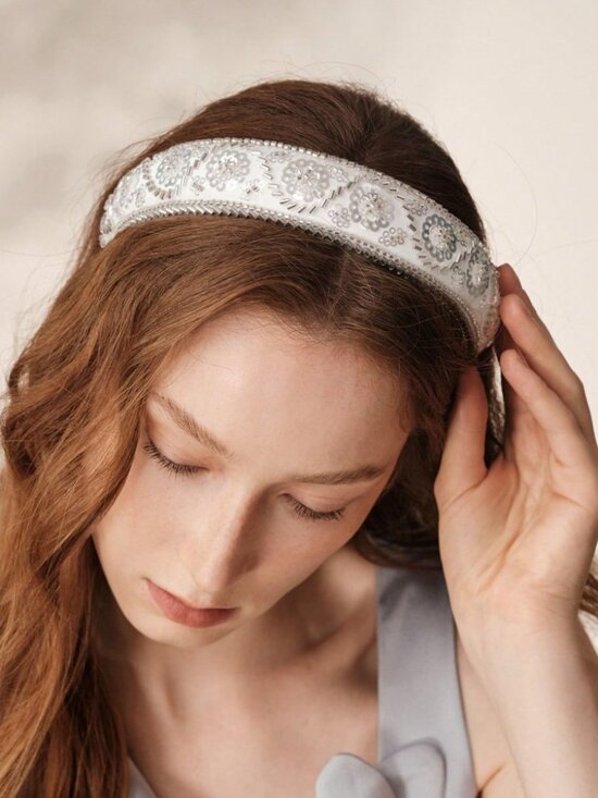White Sequin Beaded Floral Headband